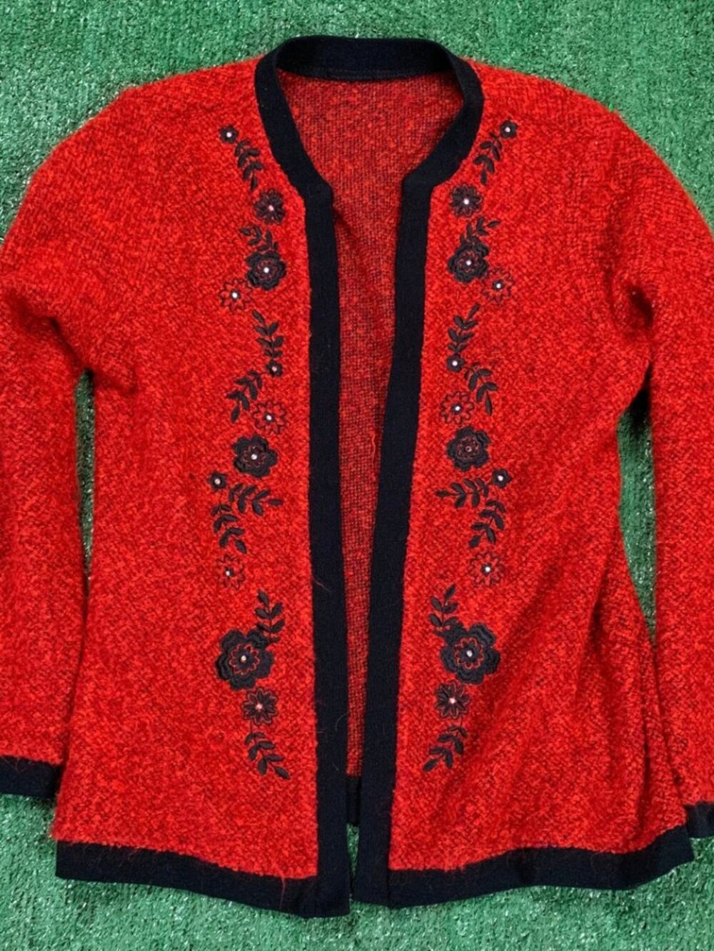 Vintage Red Bouclé Open Front Cardigan Floral Rhinestone Women's S